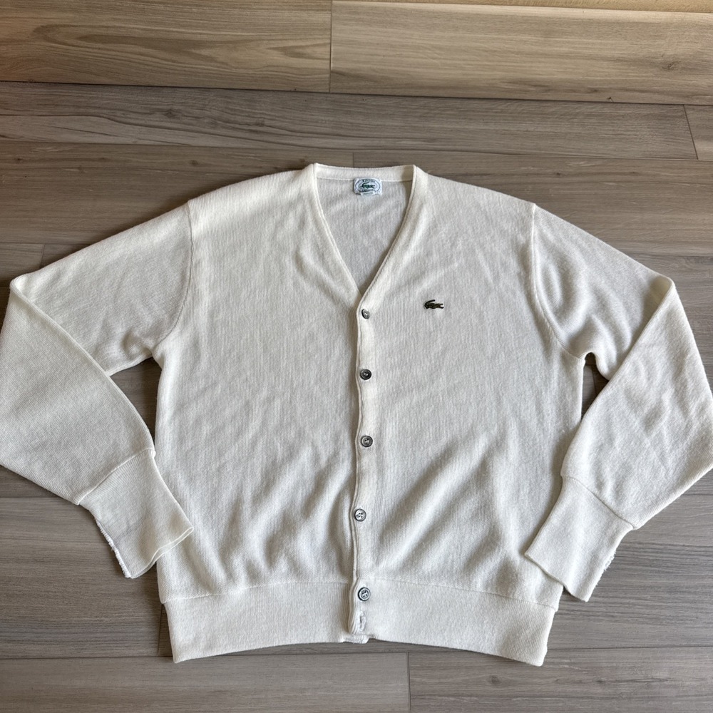 Vintage Lacoste Izod Ivory Cream Button Up Cardigan Sweater Men's L Made In USA
